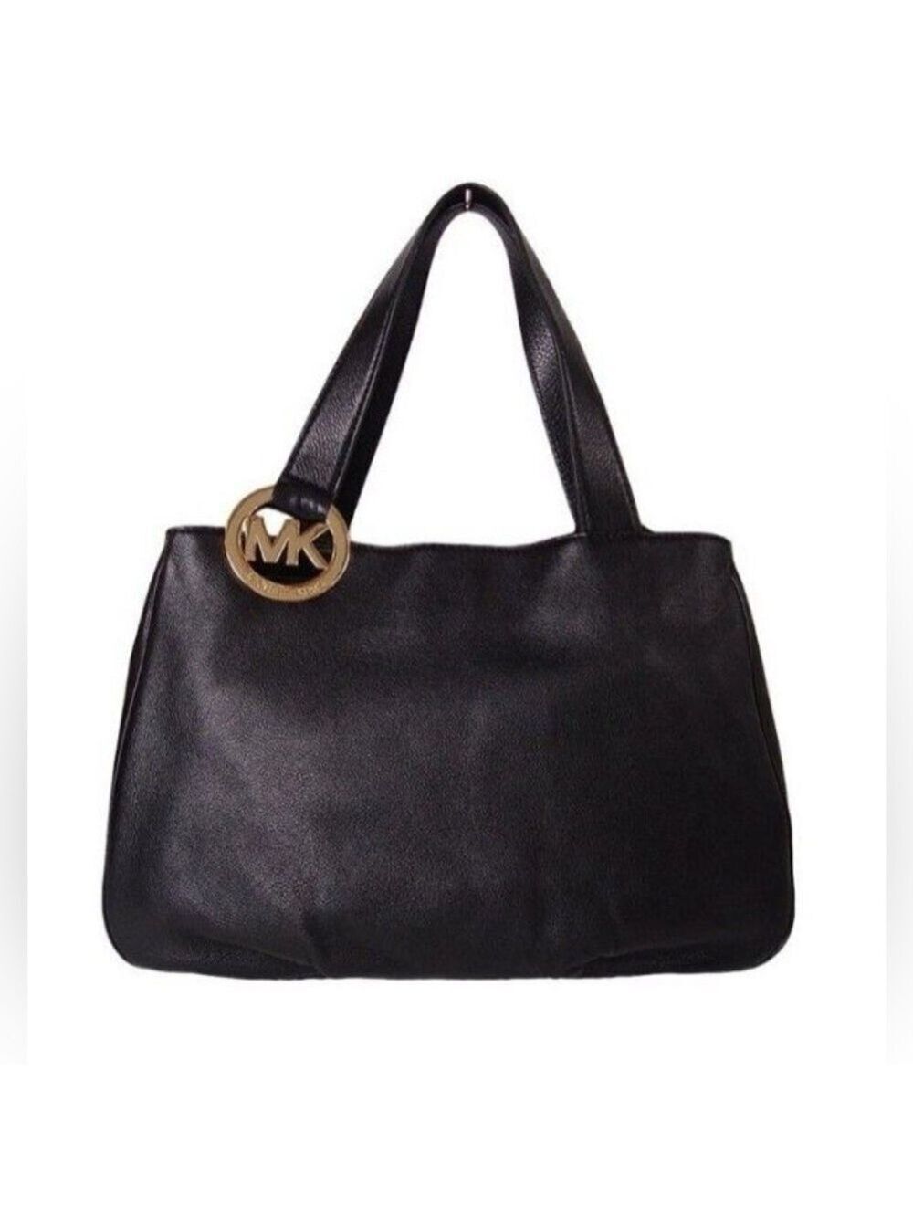 Michael Kors Fulton EastWest Black Soft Pebbled Leather Lg Gold MK Medallion Bag